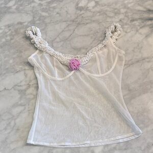 Like New White Sheer Top with Pink Rose